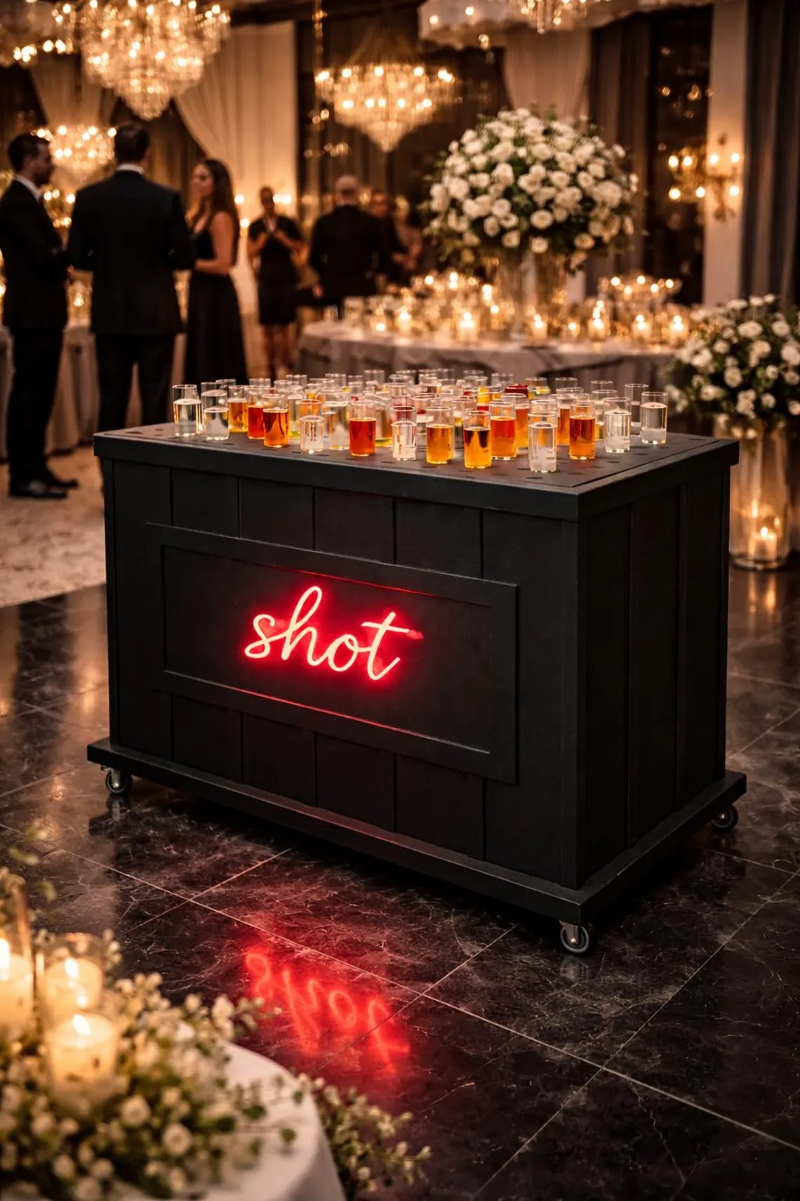 Luxury Black Shot Station with LED Sign – Mobile Shot Bar for Weddings, Corporate Events & Private Parties