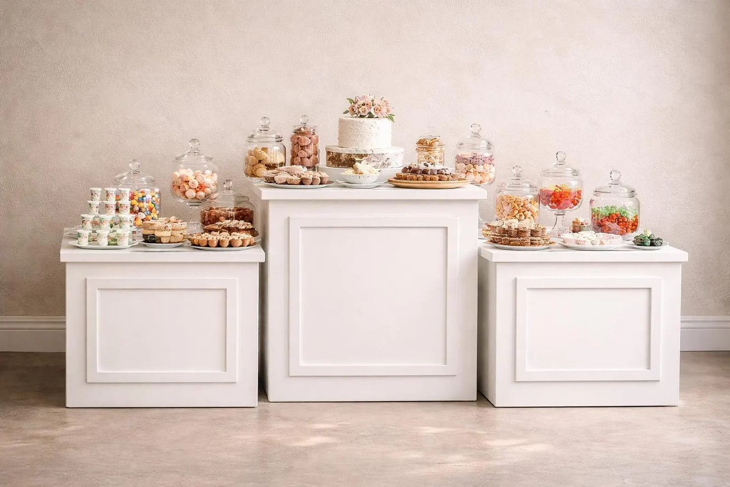 3 Piece Candy Bar Table Set – Folding Cube Tables – 35.4” x 35.4” Center Table + 27.6” x 23.6” Side Tables – Dessert Table for Weddings