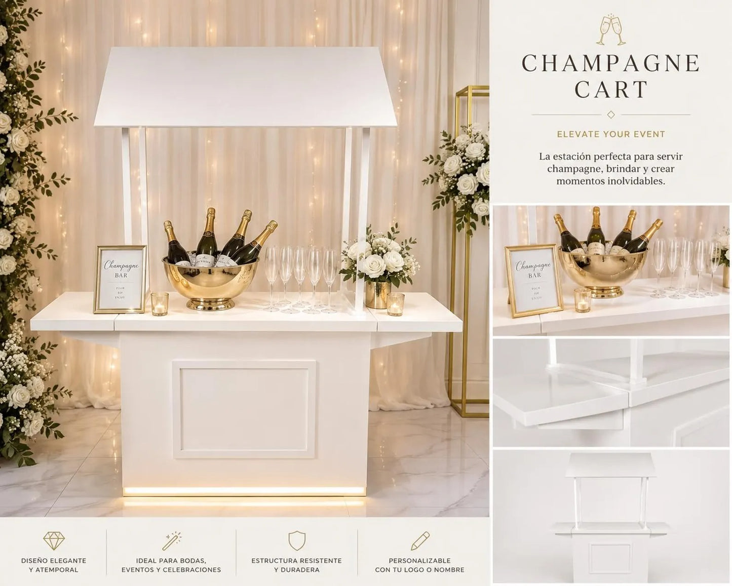 Wedding Event Cart – 74.8” Tall Luxury Coffee Cart Stand for Events, Mobile Champagne Bar, Wedding Beverage Station, Dessert Cart